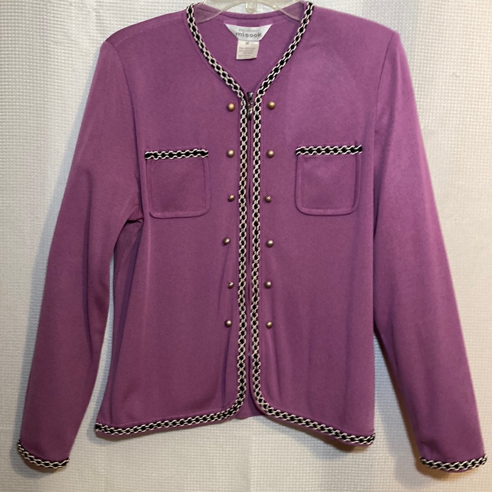 Exclusively Misook Purple Front Zippered Jacket with Black and White Trim